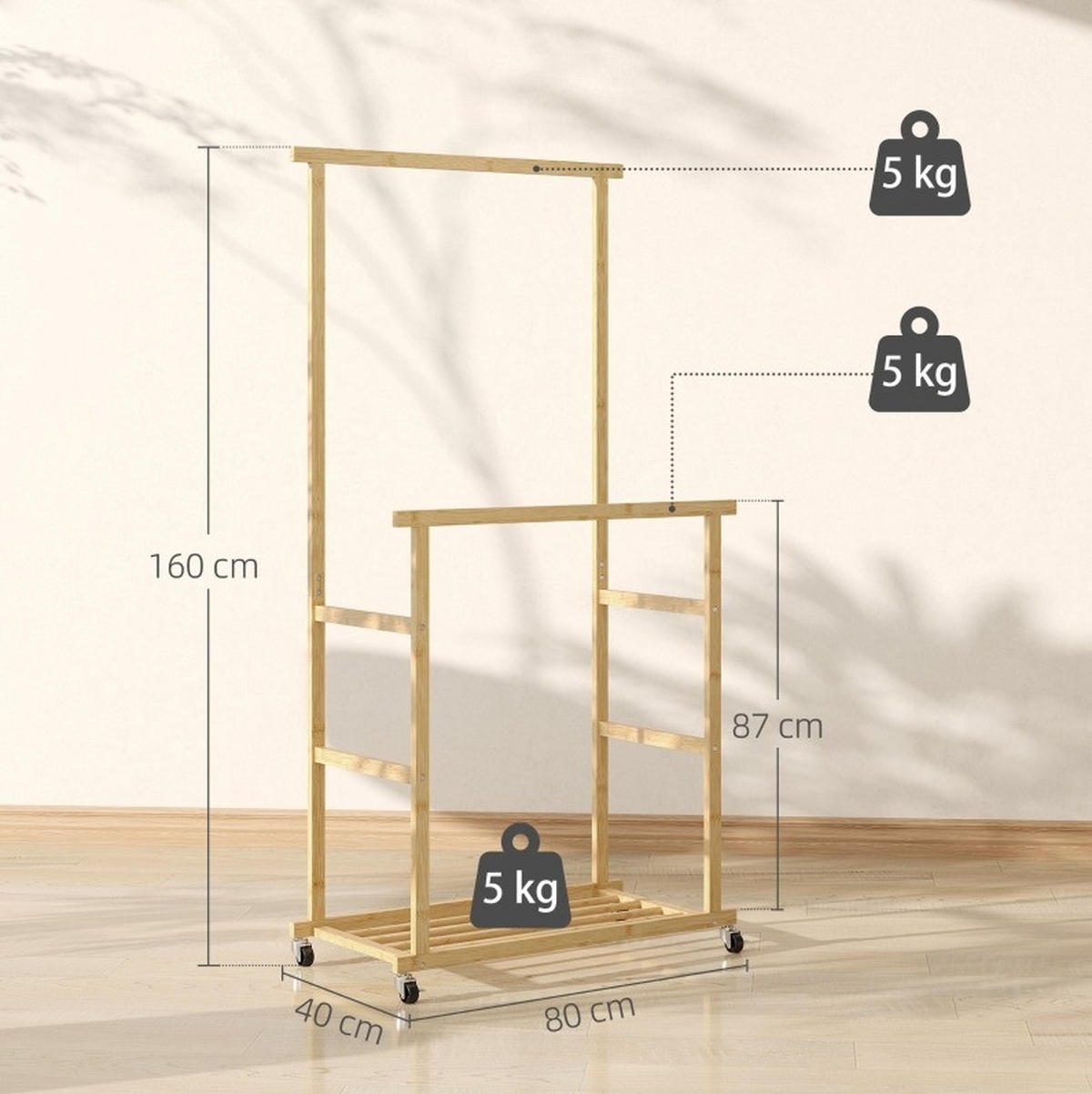 KLEIDERSTÄNDER mit Rollen 80 x 40 x 160 cm Bambus Natural Wood - Braun, Holzwerkstoff (40/160/80cm) - Beauniv