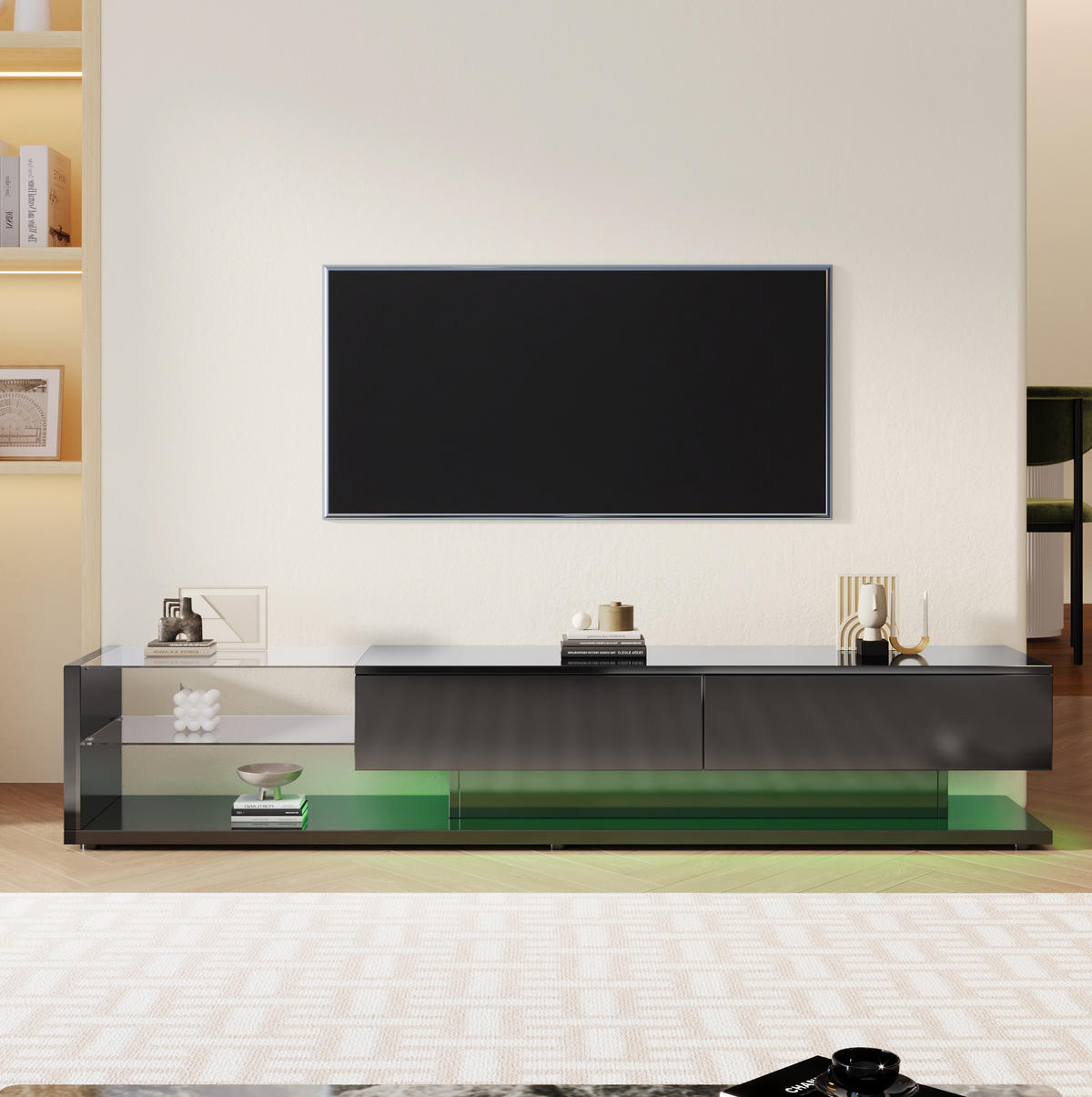 TV-ELEMENT mit LED und Glasregalen 170 cm Schwarz Hochglanz - Schwarz, Holzwerkstoff (36/38/170cm) - Beauniv
