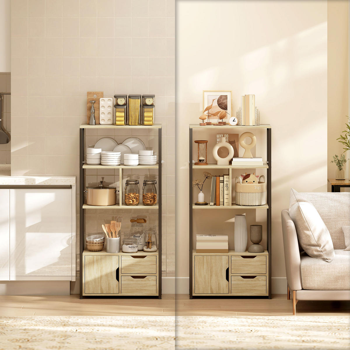 REGAL DE-15558 58/24/122 cm, 3 Ablagen und 2 Schubladen Naturholz/Schwarz - Naturfarben, Holzwerkstoff (58/122/24cm) - ComfortXL