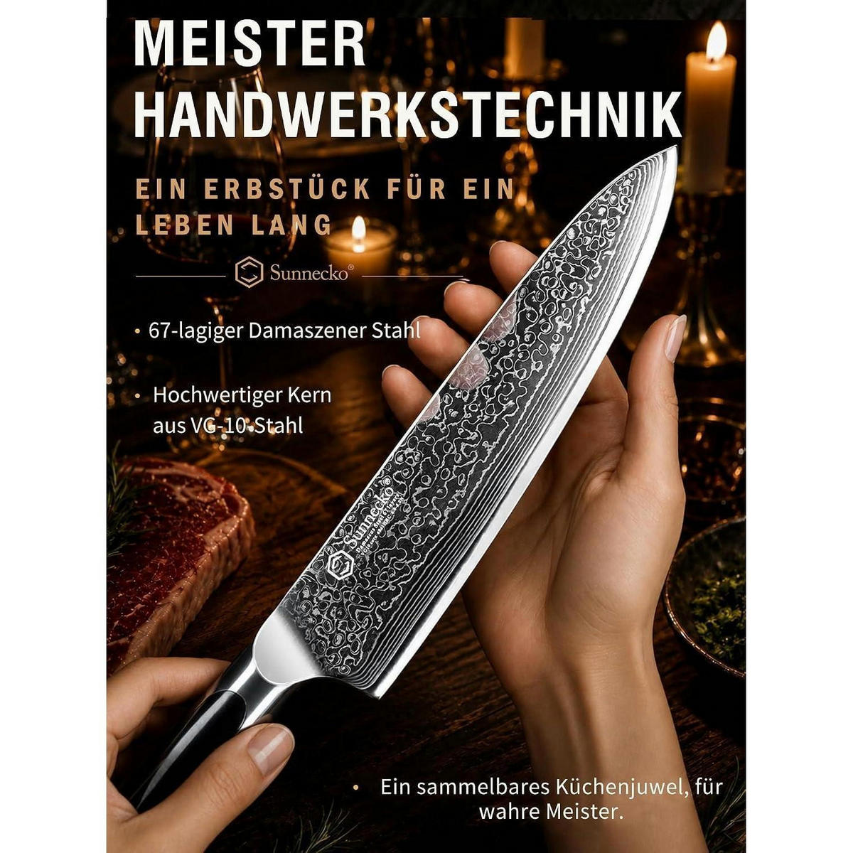 KOCHMESSER 20 cm Damaststahl 67 Lagen - Schwarz, Metall (33cm)