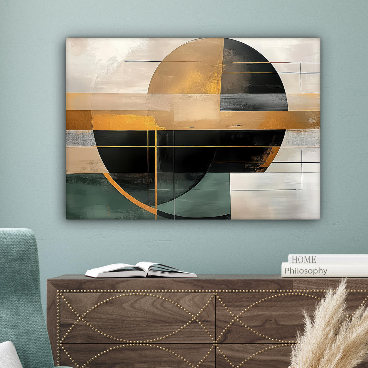 LEINWANDBILD - Abstrakt - Gold - Bronze - Grün - Formen - Modern - 80x60 - Malerei - Multicolor, Textil (80/60cm) - MuchoWow