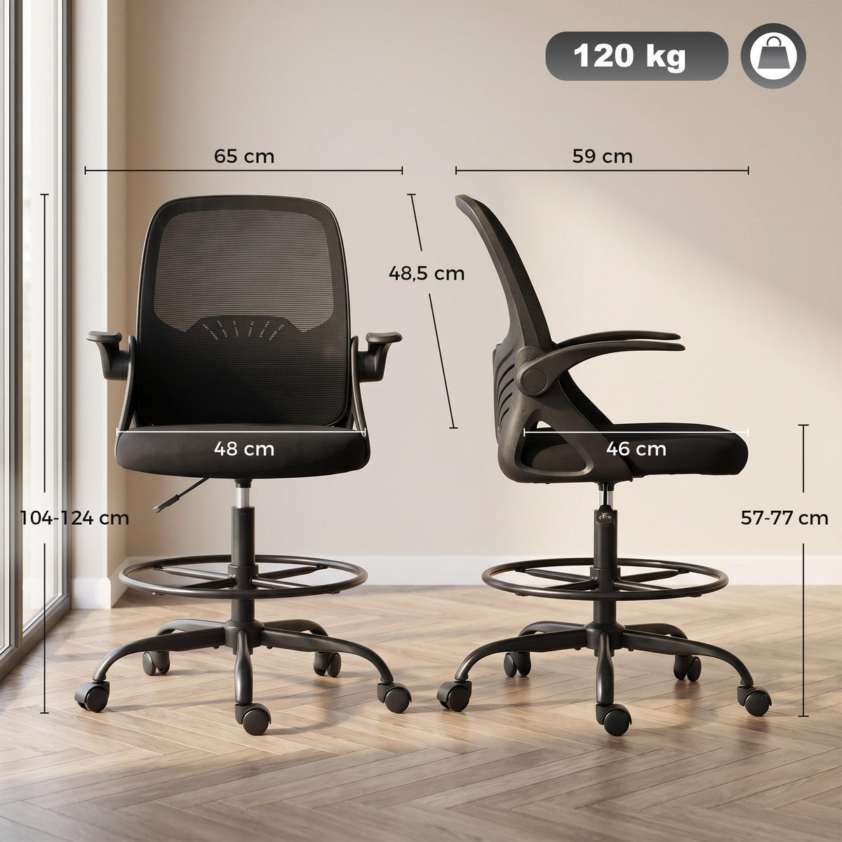 ARBEITSSTUHL Netzgewebe Stahl Schwarz - Schwarz, Kunststoff/Textil (59/124/65cm) - HOMCOM
