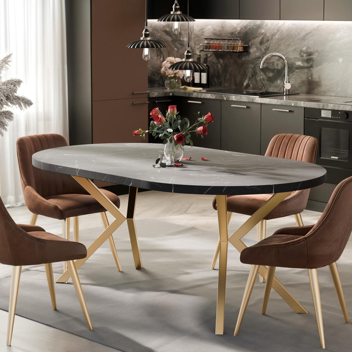 AUSZIEHTISCH MILTON 100-176/76 cm mit Metallgestell, Gold / Grigia Pietra - Goldfarben/Grau, Holzwerkstoff/Metall (100/100/76cm) - Idohome