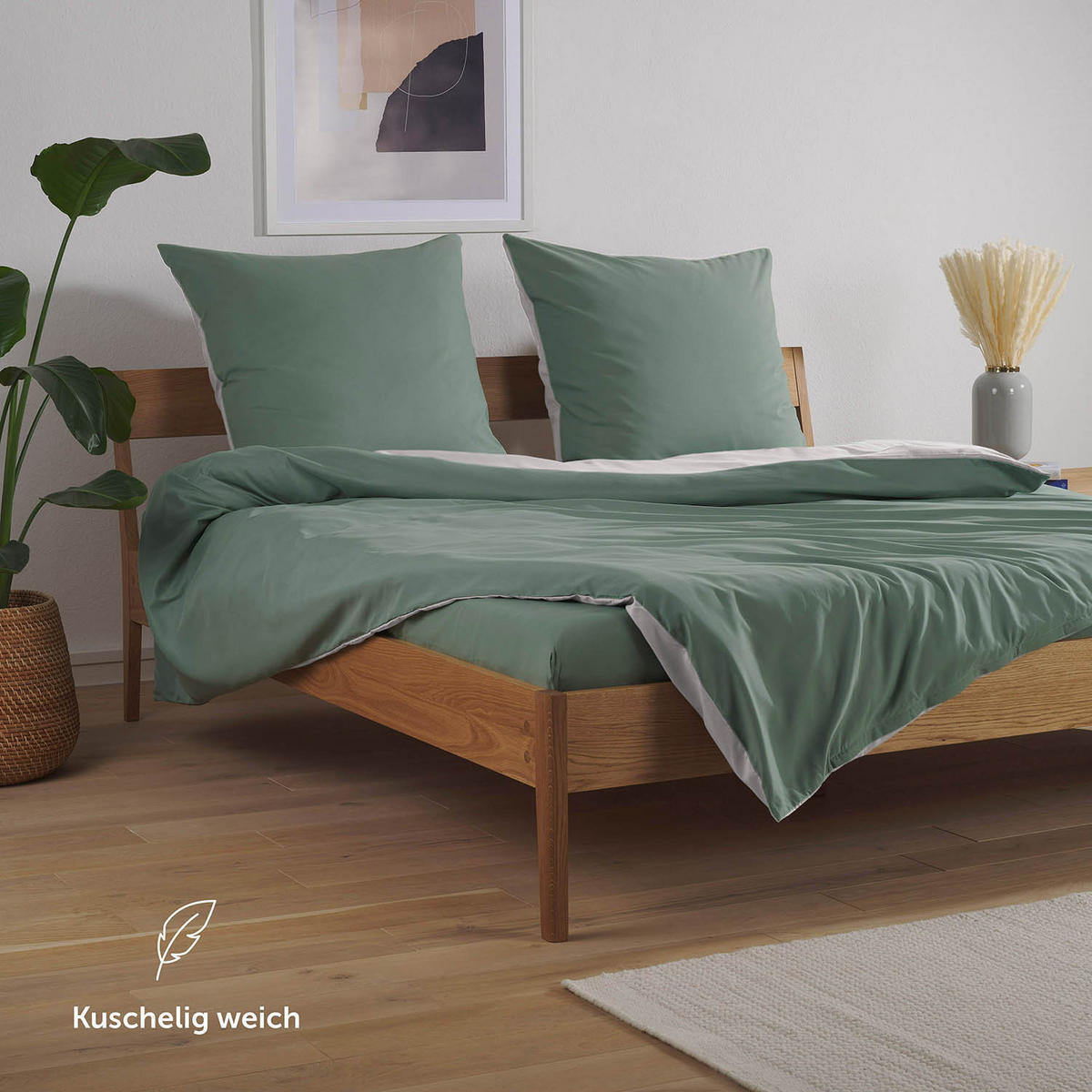 WENDEBETTWÄSCHE Ebba 155/200 cm 2 mal 80/80 cm, Grün und Hellgrau - Hellgrau/Grün, Textil (155/200cm) - Blumtal