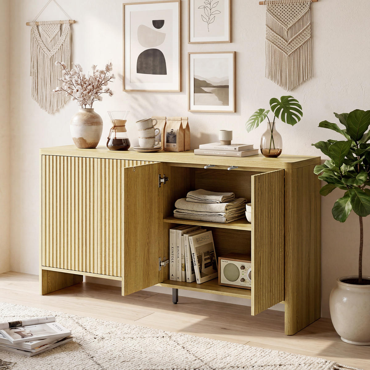 SIDEBOARD Eiche-Nachbildung, 4 Türen, 147/40/77 cm - Eichefarben, Holz (147/77/40cm) - PANGIVO
