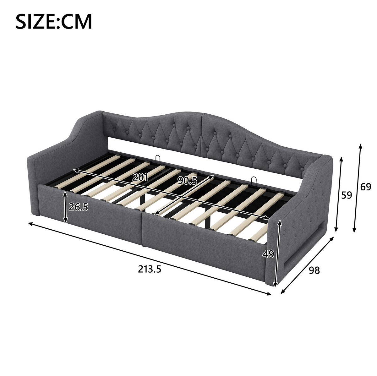 POLSTERBETT 90/200 cm Grau aus MDF mit Stauraum und LED-Beleuchtung - Grau, Holzwerkstoff (90/200cm) - OKMYHOME