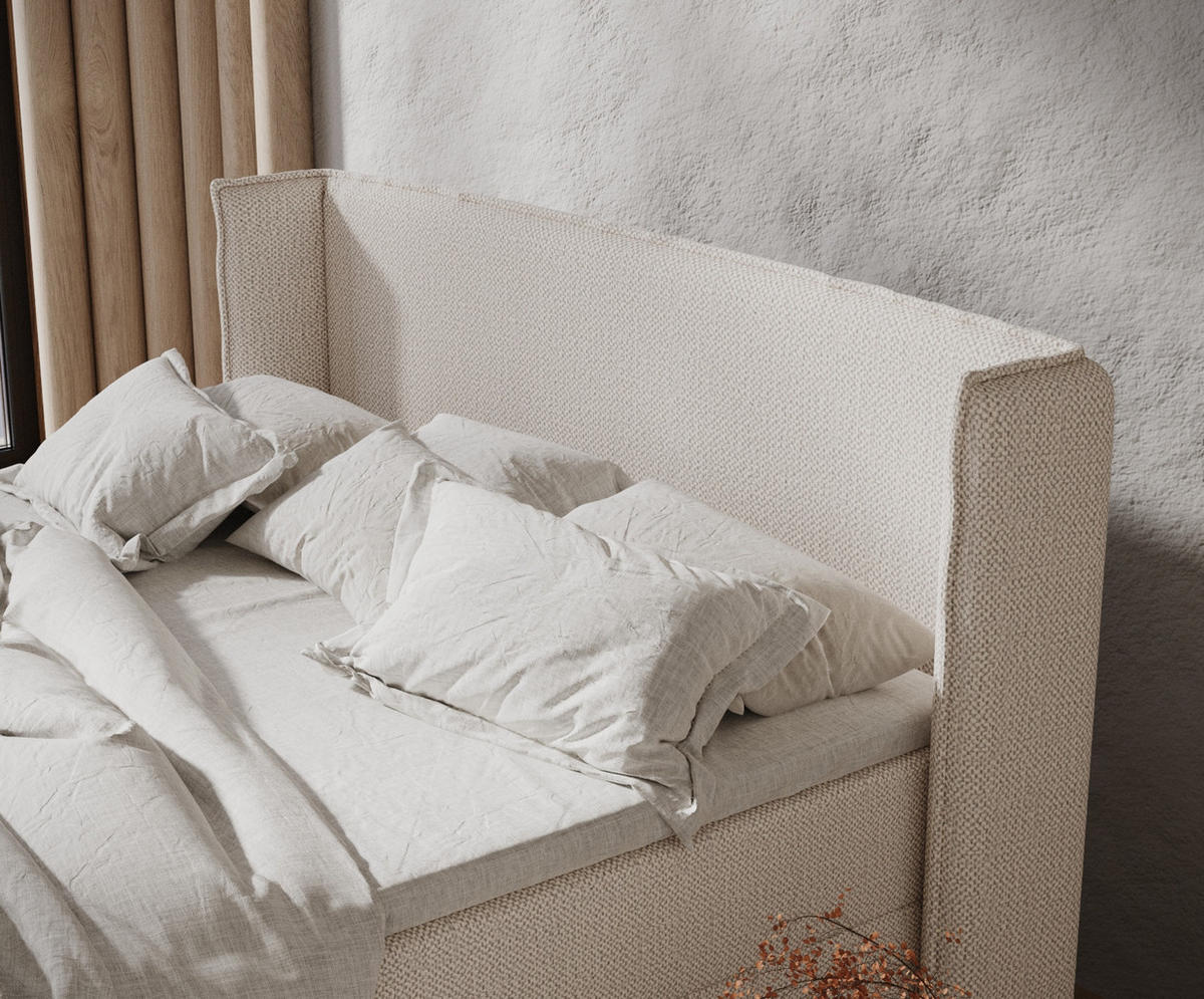 BOXBETT Monpelli Creme 180/200 cm mit Matratze und Topper - Creme/Schwarz, Holz/Holzwerkstoff (180/200cm) - Maison de Reve