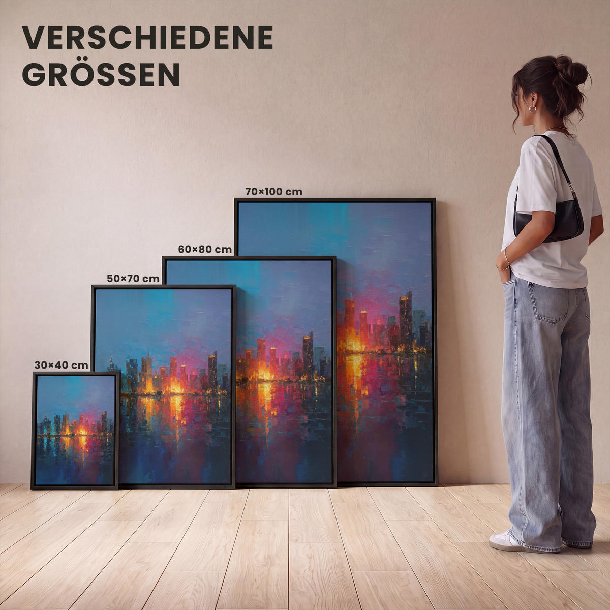 LEINWAND Bilder mit Rahmen - Skyline - Pinselstriche - Dunkelblau - Leuchtend - 50x70 - Blau, Textil (50/70cm) - MuchoWow