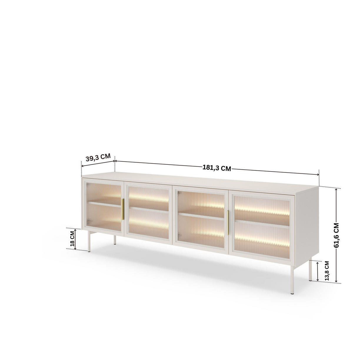 TV-LOWBOARD LUMI 181 cm Kaschmir - mit 4 Glastüren (Riffelglas) und LED - Kaschmir/Goldfarben, Holz/Holzwerkstoff (181/62/39cm) - Ravio