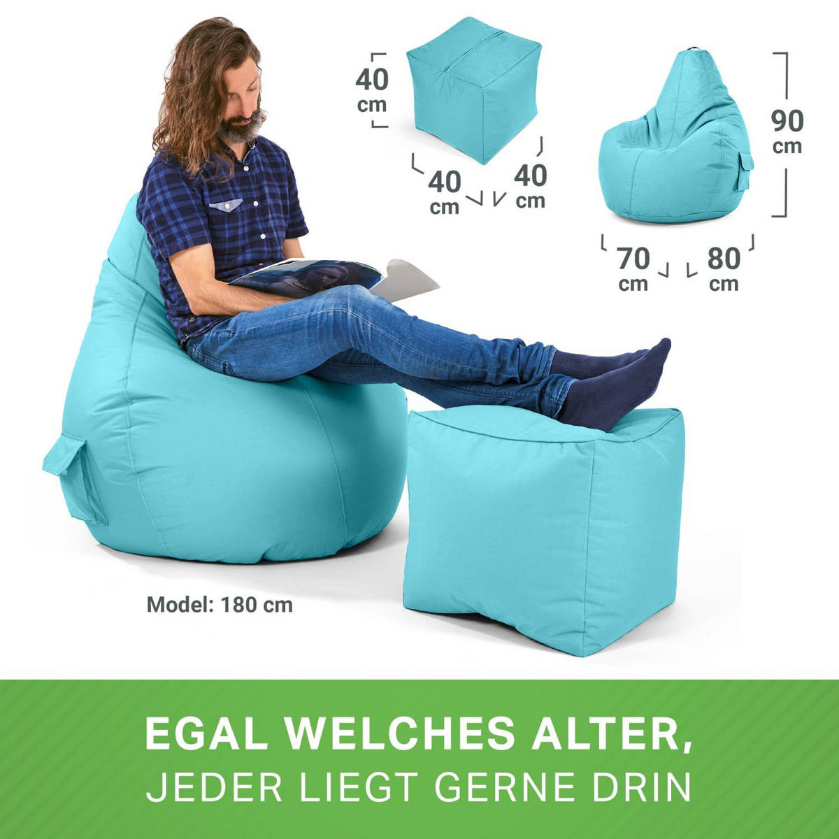 SITZSACK + Hocker "Cozy+Cube" 2er Set - Hellblau, Textil (70/90/80cm) - Green Bean