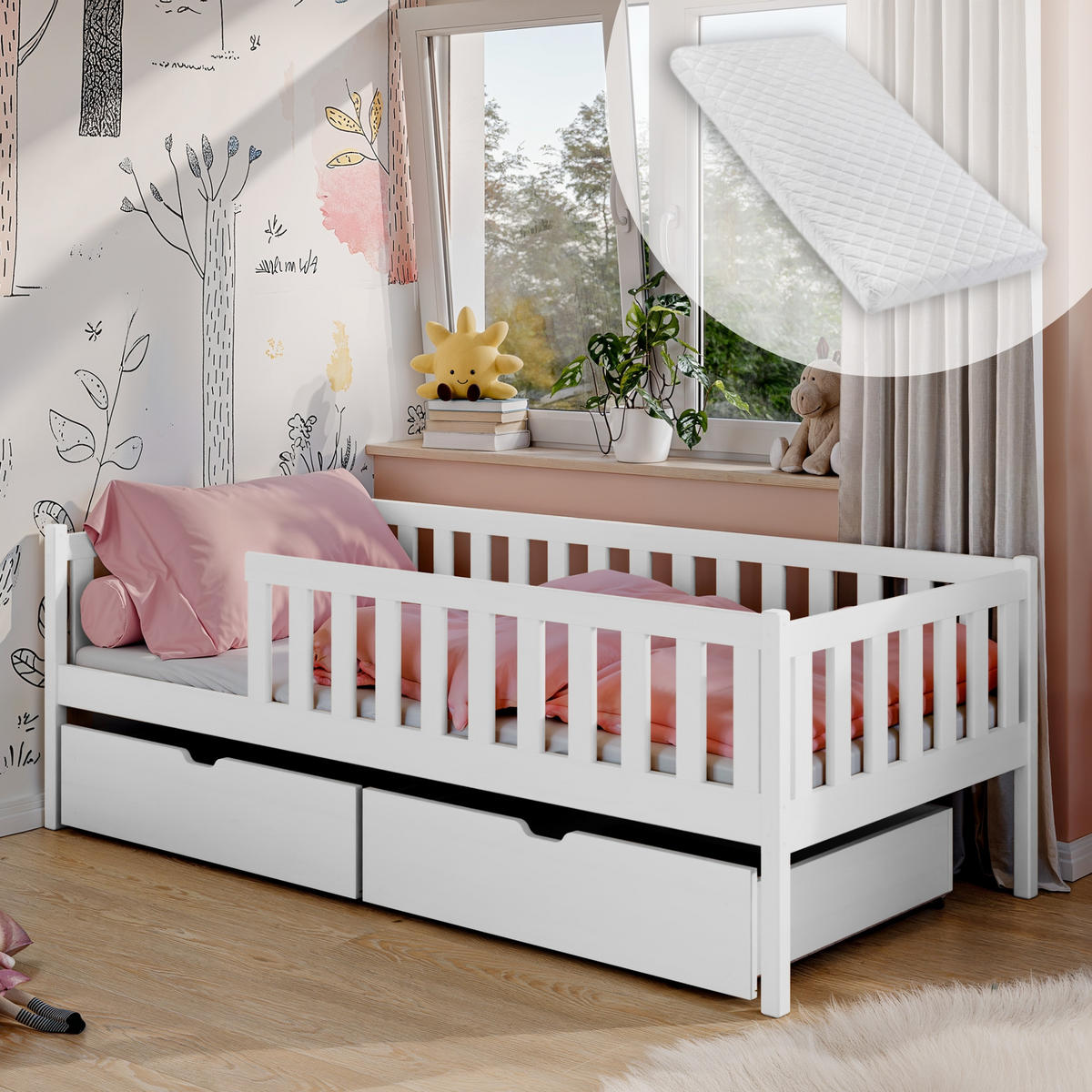 KINDERBETT mit zwei Schubladen, Rausfallschutz und Matratze 80x160 in weiß - Weiß, Holz - Kids Collective
