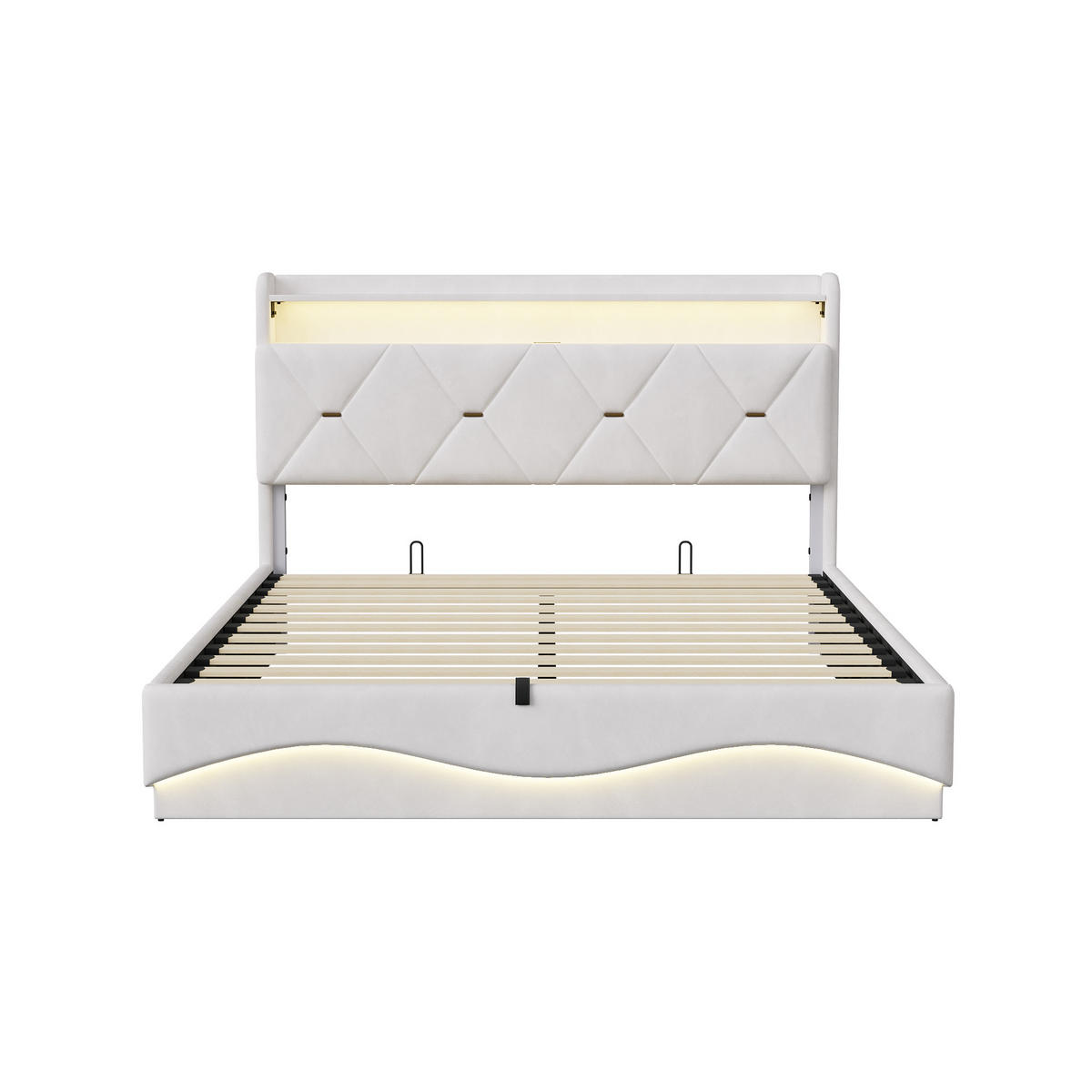 POLSTERBETT 160/200 cm beige Samt Stauraum LED USB Regal - Beige, Holz