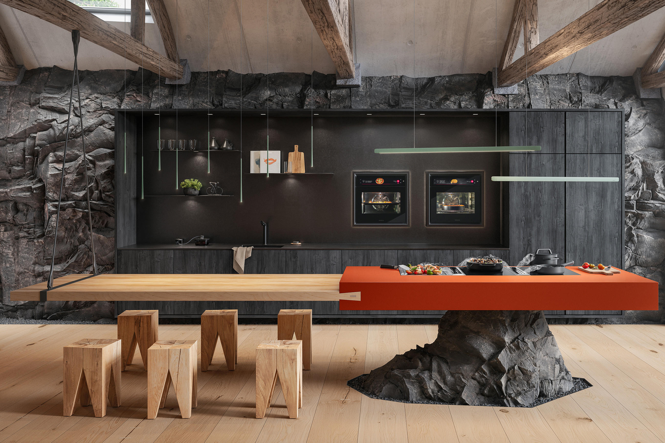 Außergewöhnliche Designküche in archaischer Architektur mit Felswand und Holzbalken; lange Sitzbank mit Hockern sowie markante Kücheninsel mit orangefarbener Arbeitsplatte, integriertem Kochfeld und BORA Einbaugeräten an der Rückwand.