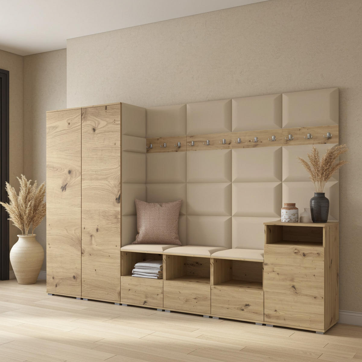 GARDEROBE NELA XII 300 cm (Modulare Flurmöbel Artisan Eiche mit Sitzpolster Beige 04 Gigantisches Set) - Beige/Silberfarben, Holz/Holzwerkstoff (300/187/40cm) - Ravio