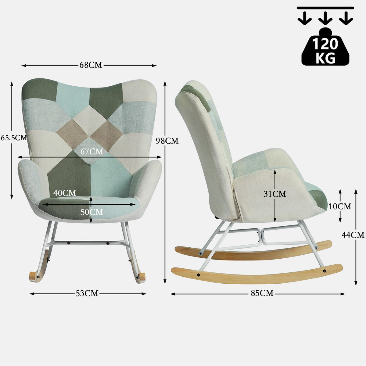 SCHAUKELSTUHL, Stoff Patchwork, Blau-Grau-Grün - Multicolor, Holz/Metall (53/98/85cm) - Meubles Cosy