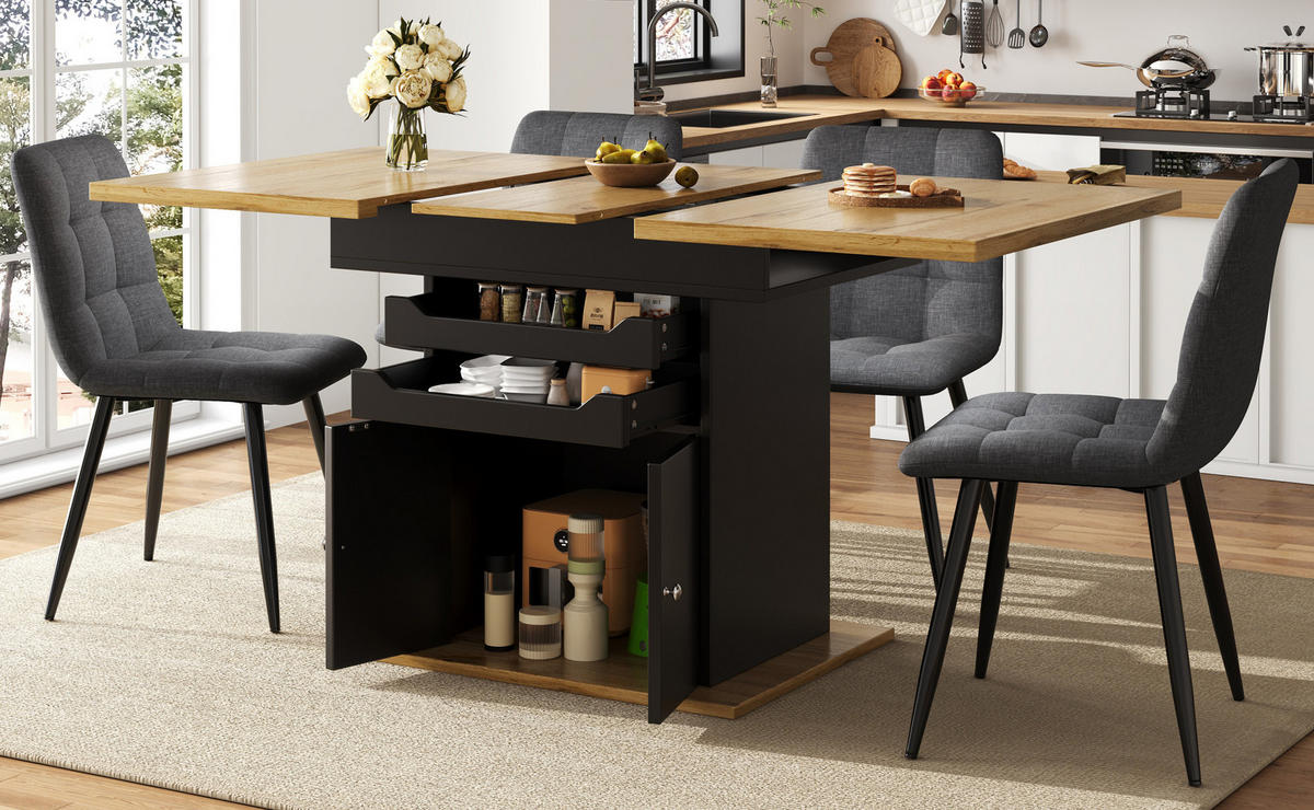 ESSTISCH 110-140x80x76 cm in Schwarz und Natur aus MDF mit Soft-Close ausziehbar - Naturfarben, Holzwerkstoff (80/140/76cm) - Modfu