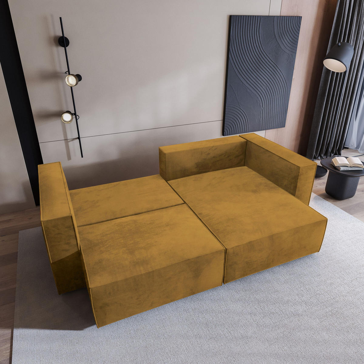 ECKSOFA NERIO M Gelb Velours-Stoff mit Schlaffunktion - Gelb, Holz (245/148cm) - MASSENO