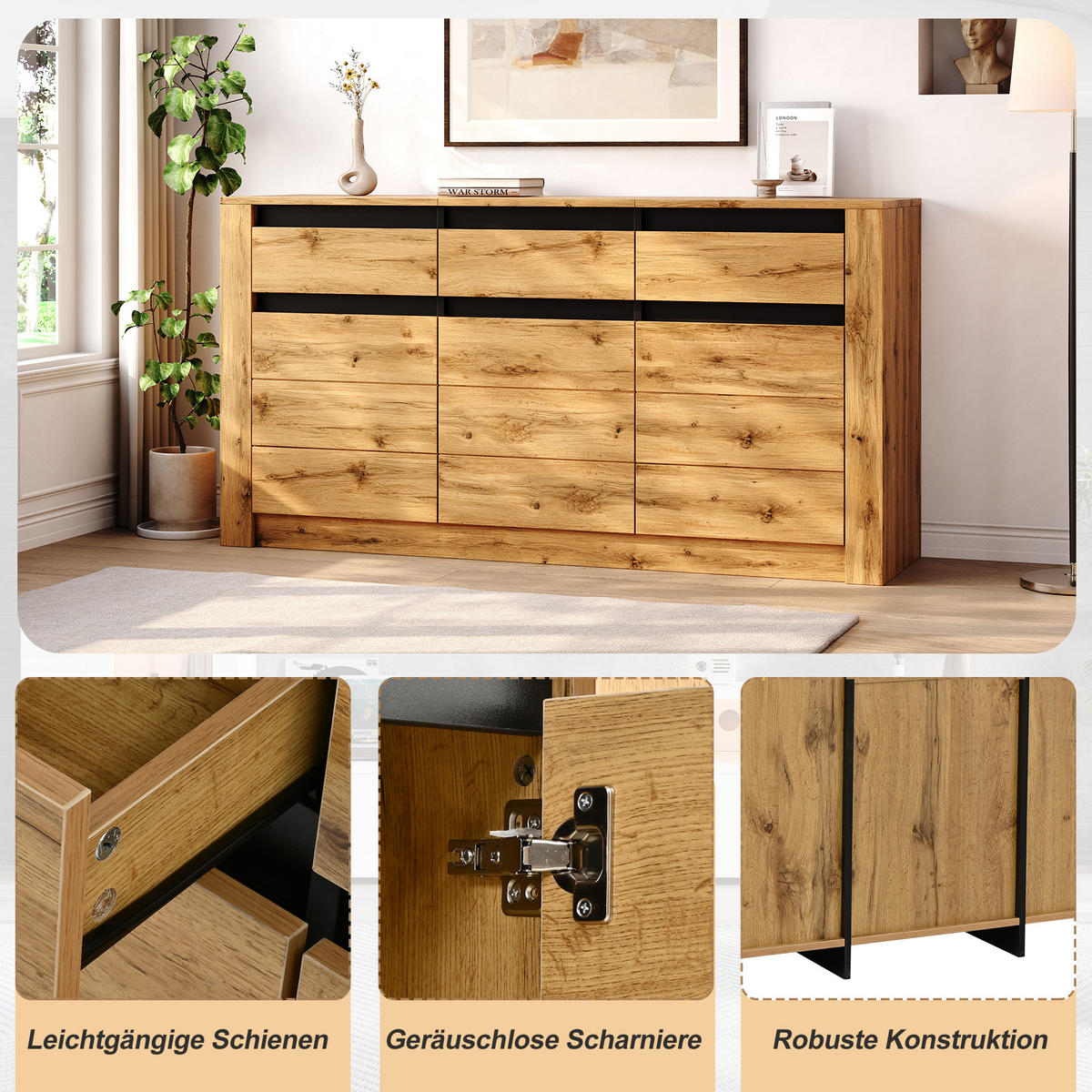 SIDEBOARD Wellenoptik 3 Schubladen 9 Fächer 135cm Naturholz - Naturfarben, Holzwerkstoff (135/70/35cm) - FLIEKS
