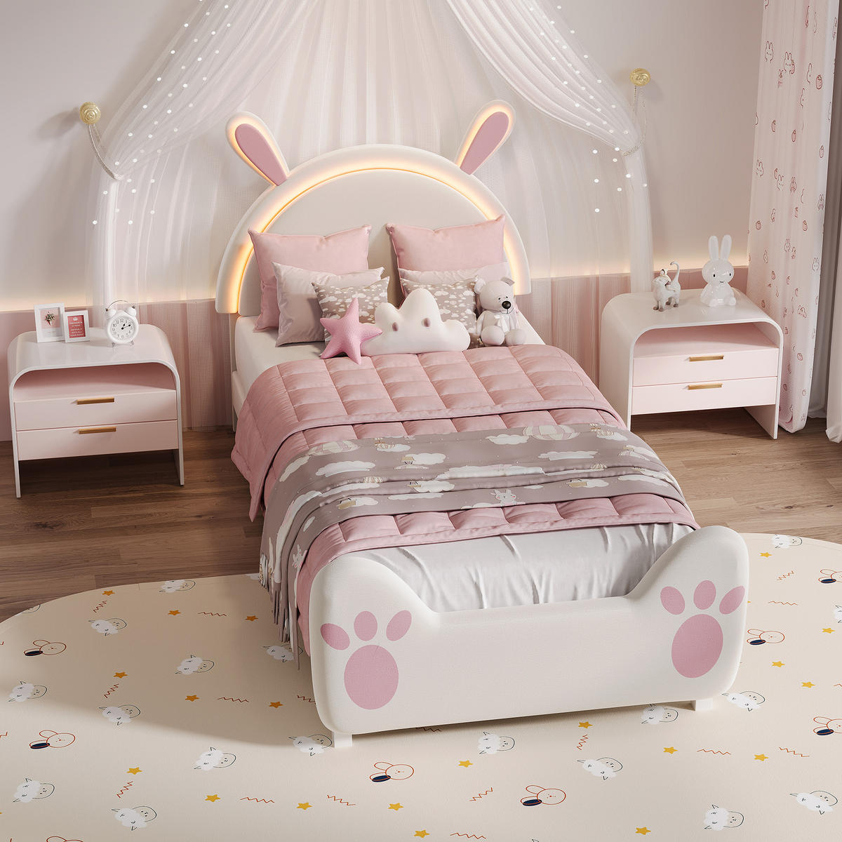 POLSTERBETT 90/200 cm mit LED-Beleuchtung im Hase Design - Pink, Holz (90/200cm) - SHOPENTRA