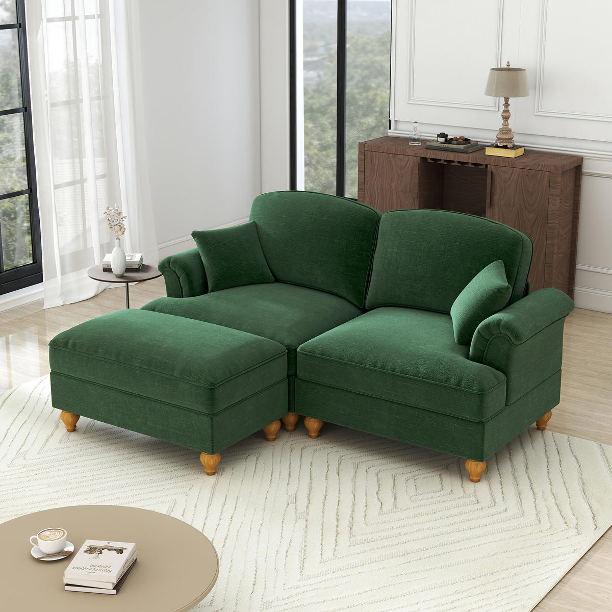 MODULARES Ecksofa Chenille mit Hocker und abnehmbarer Rüschen-Schürze 194/140/93 cm Grün - Grün, Textil (140/194cm) - Redom