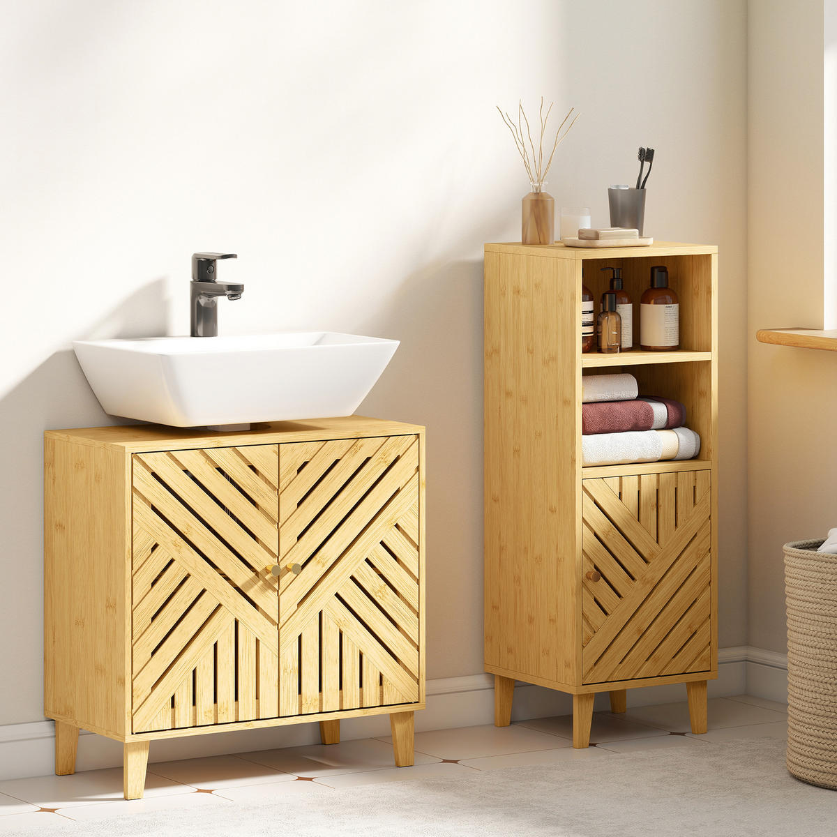 WASCHBECKENUNTERSCHRANK DE-15919 U-Aussparung mit Bambuslamellentüren Natur - Naturfarben, Naturmaterialien (60/60/30cm) - ComfortXL