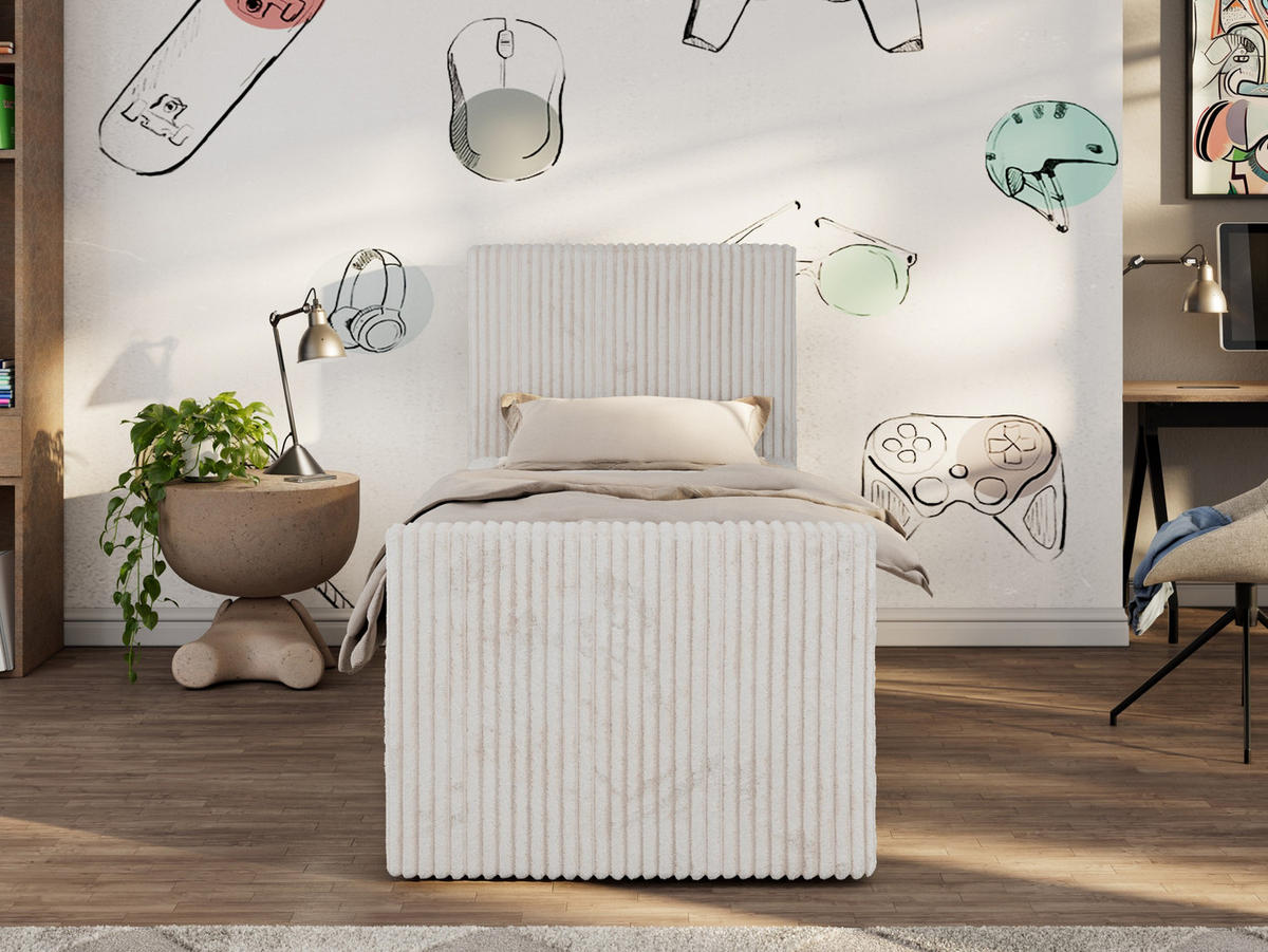 JUGENDBETT TILIO DUO 90/200 - Beige Cord - H4 - Rechts Seite - Beige, Textil (90/200cm) - MKS