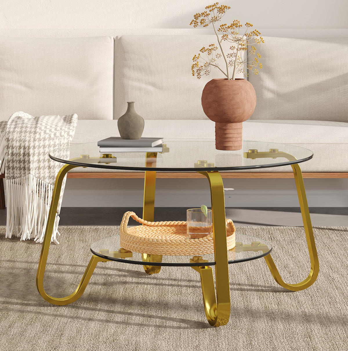 COUCHTISCH 2-stufig Metall Gold mit Glasplatten - Goldfarben, Metall (80/80/45cm) - Meubliv