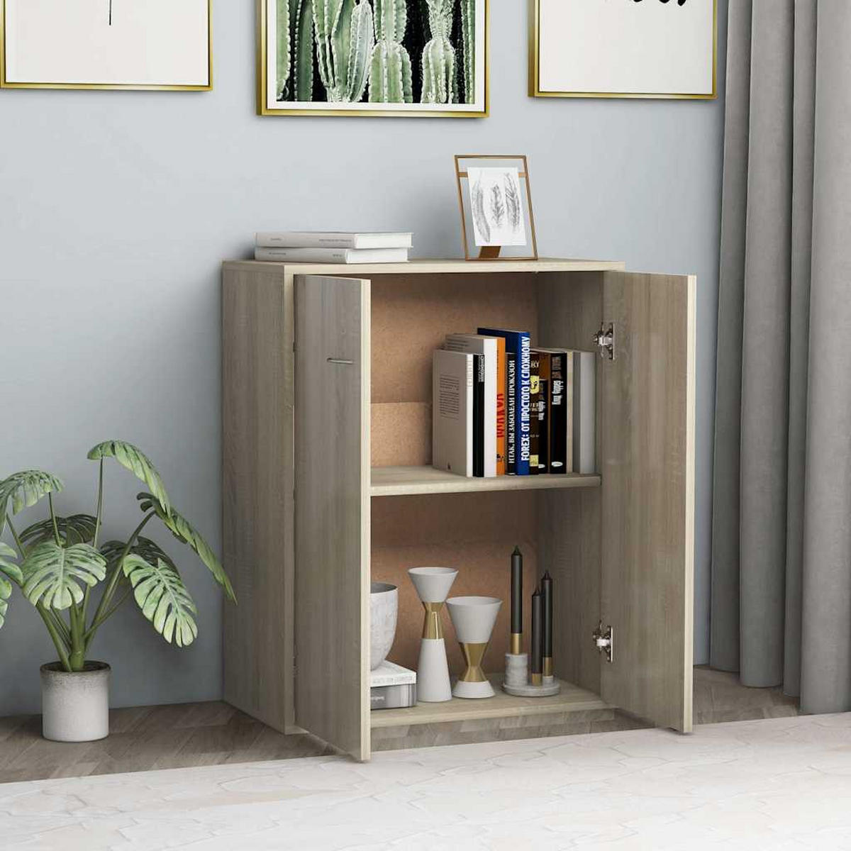 SIDEBOARD mit 2 Türen 60/30/75 cm aus Holzwerkstoff Sonoma-Eiche Dekor - Silberfarben/Sonoma Eiche, Holz/Metall (60/75/30cm) - vidaXL