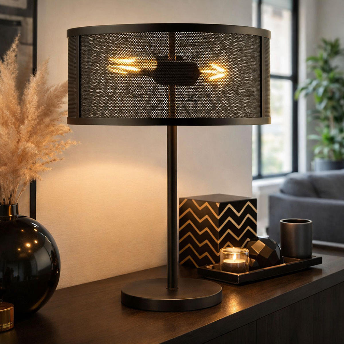 TISCHLEUCHTE Gitter Schwarz - Schwarz, Metall (35/35/50cm)