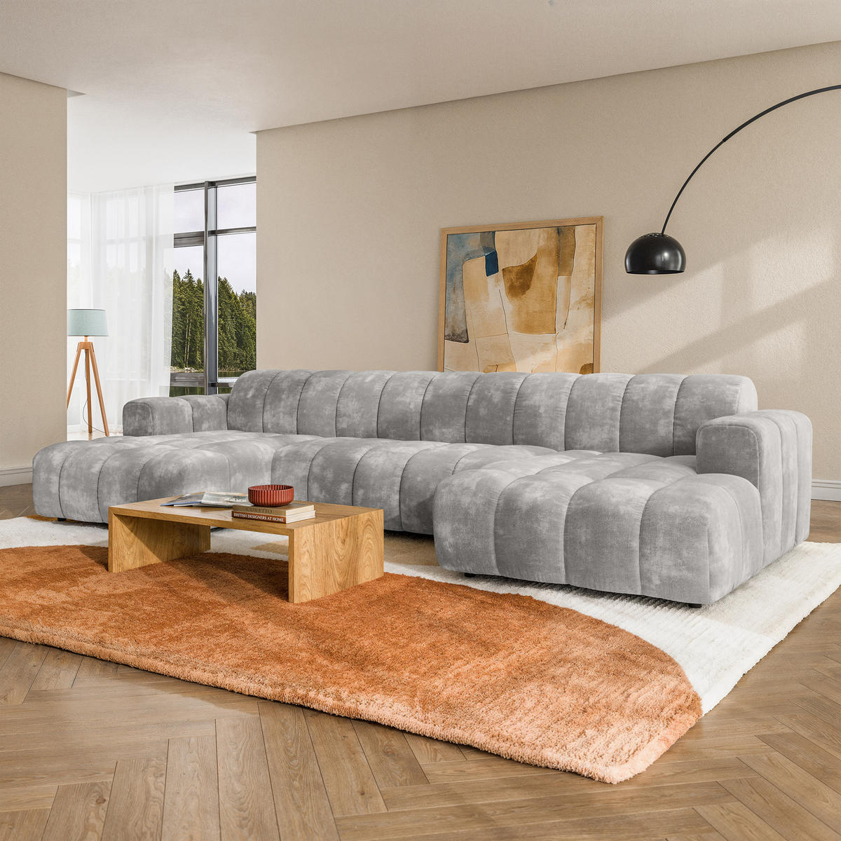 WOHNLANDSCHAFT AENIS Hellgrau Chenille - Hellgrau, Holz (398/85/165cm) - MASSENO