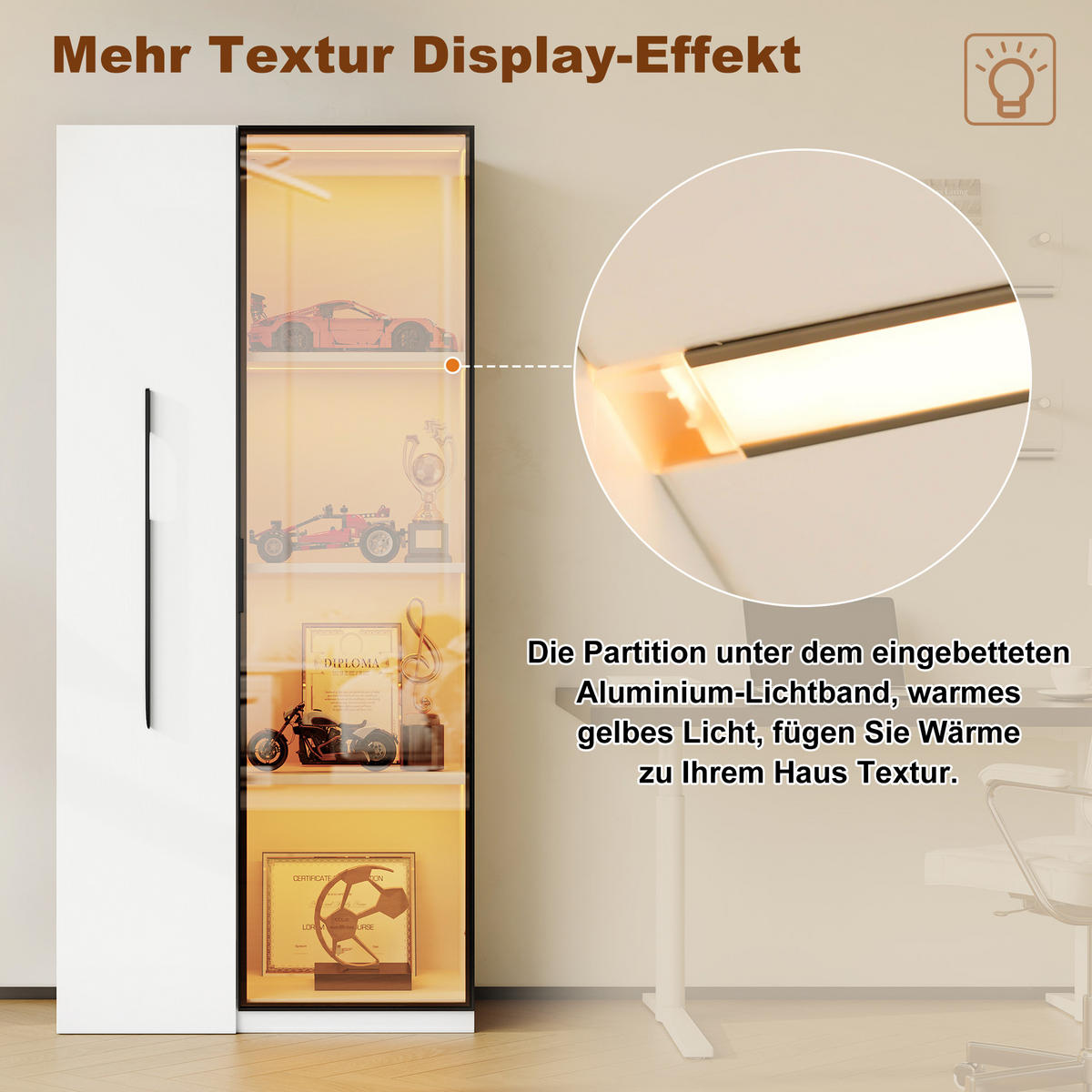 VITRINE 160cm Glas LED Aluminium Rollen modern - Weiß, Holzwerkstoff (70/160/40cm) - FLIEKS