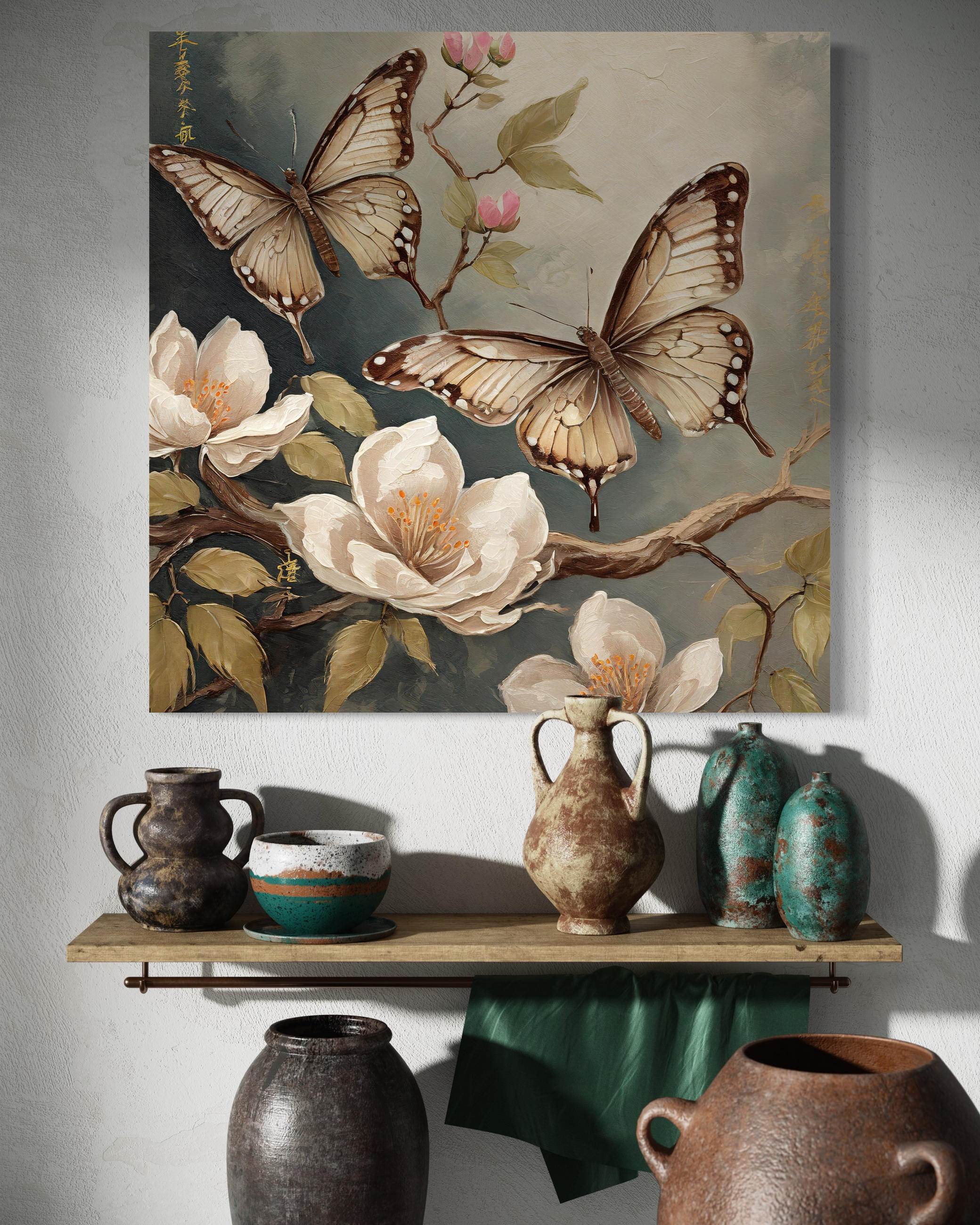 WANDBILD schmetterling natur blumen - Beige, Textil (50/50cm) - Feeby