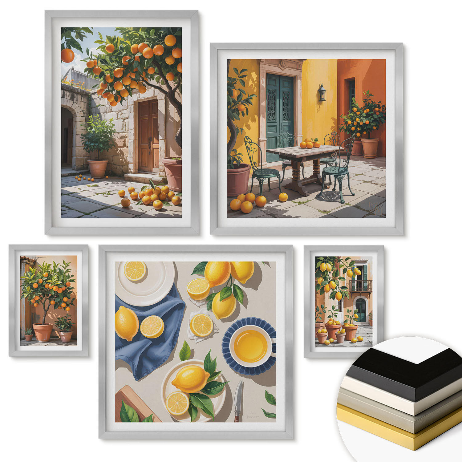 WANDBILDER 5er Set - 50x50 cm & 20x30 cm & 40x60 cm Silberner Rahmen - Zitrusgarten in der Sonne - Silberfarben, Kunststoff (40/60cm) - ArtPrintCave
