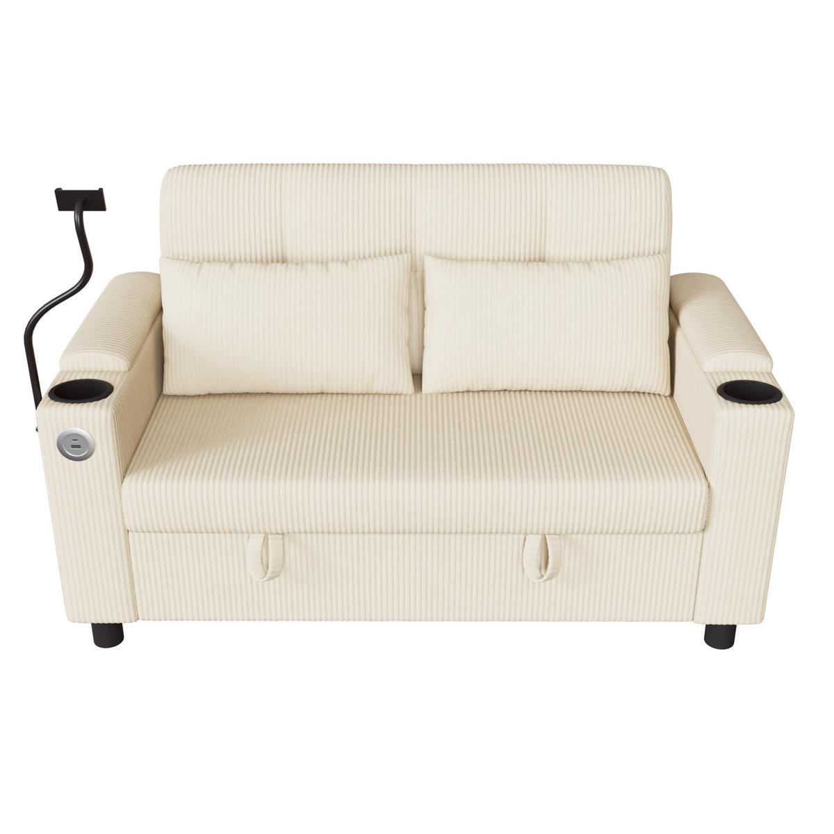 SOFA 2-Sitzer Beige mit Stauraum und Ladeanschlüssen, Cord - Beige/Schwarz, Holzwerkstoff/Textil (136.5/83.6/79.5cm) - CHICFURN
