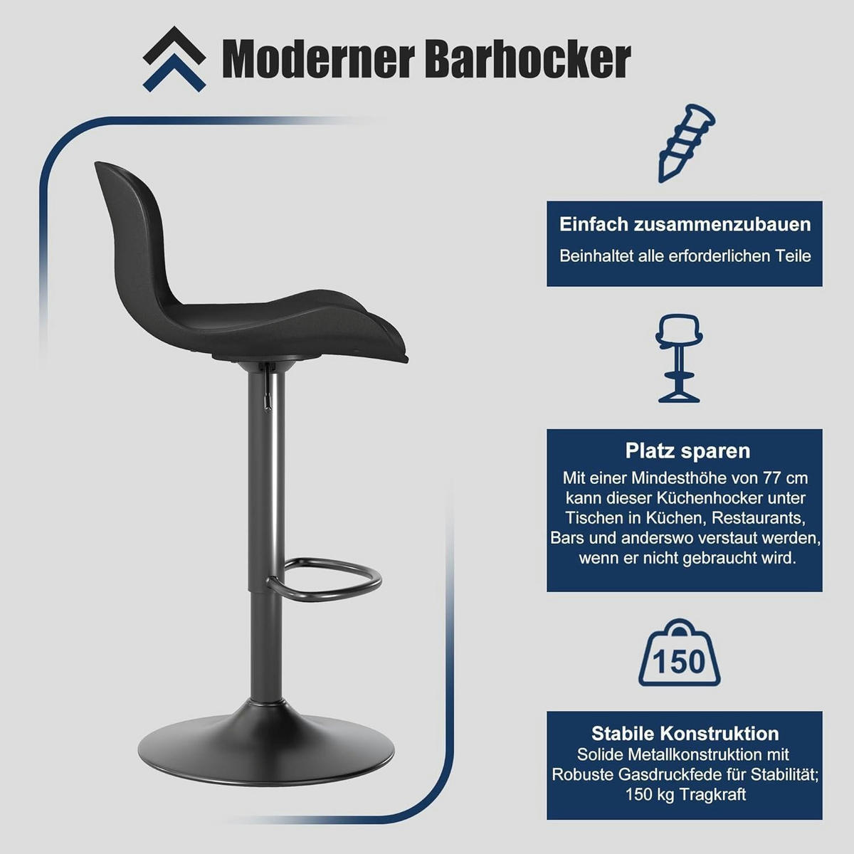 BARHOCKER 2er Set höhenverstellbar, mit Rückenlehne aus PU-Leder in Schwarz - Schwarz, Kunststoff (48/97/45cm)
