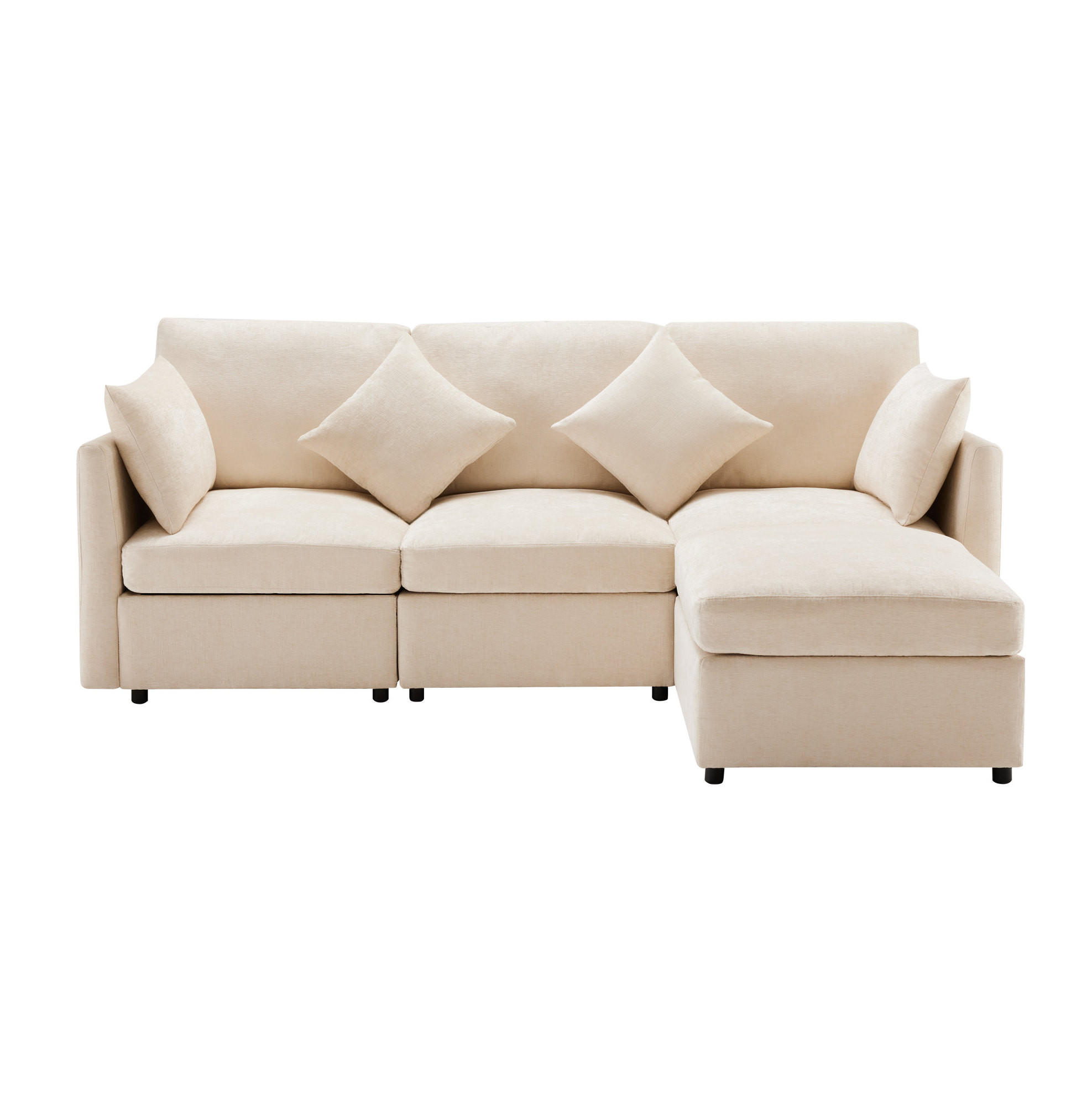 OKWISH ROHOVÁ pohovka 216/161/81 cm béžová z chenille s taburetem a 4 polštáři