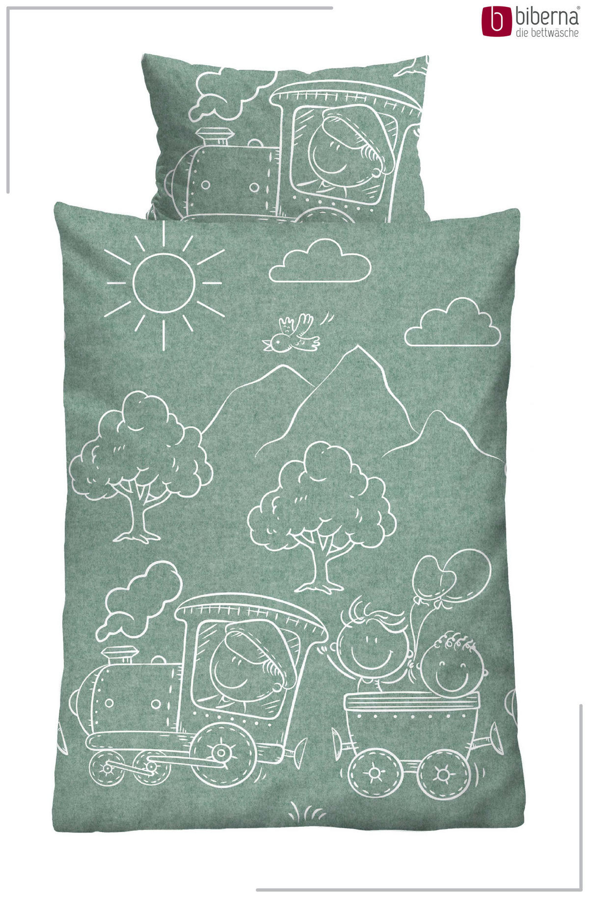 BETTWÄSCHE-GARNITUR Premium Melange Lokomotive fichte, 100x135 cm + 40x60 cm - Dunkelgrün, Textil (100/135cm) - biberna