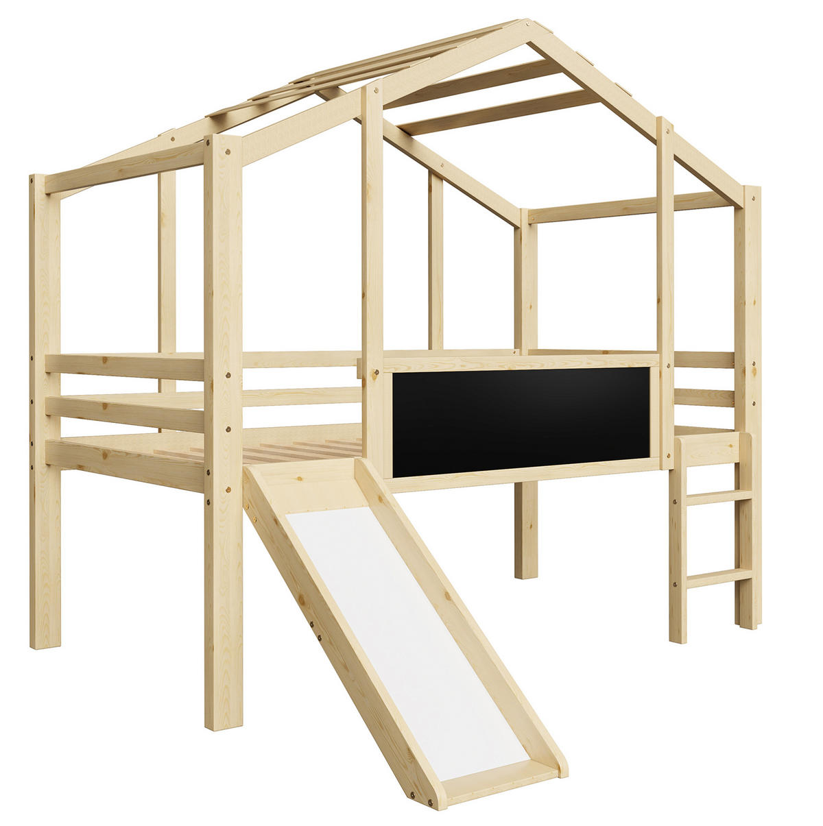 HAUSBETT 90/200 cm Natur aus Massivholz mit Rutsche und Tafel - Naturfarben, Holz (90/200cm) - OKMYHOME