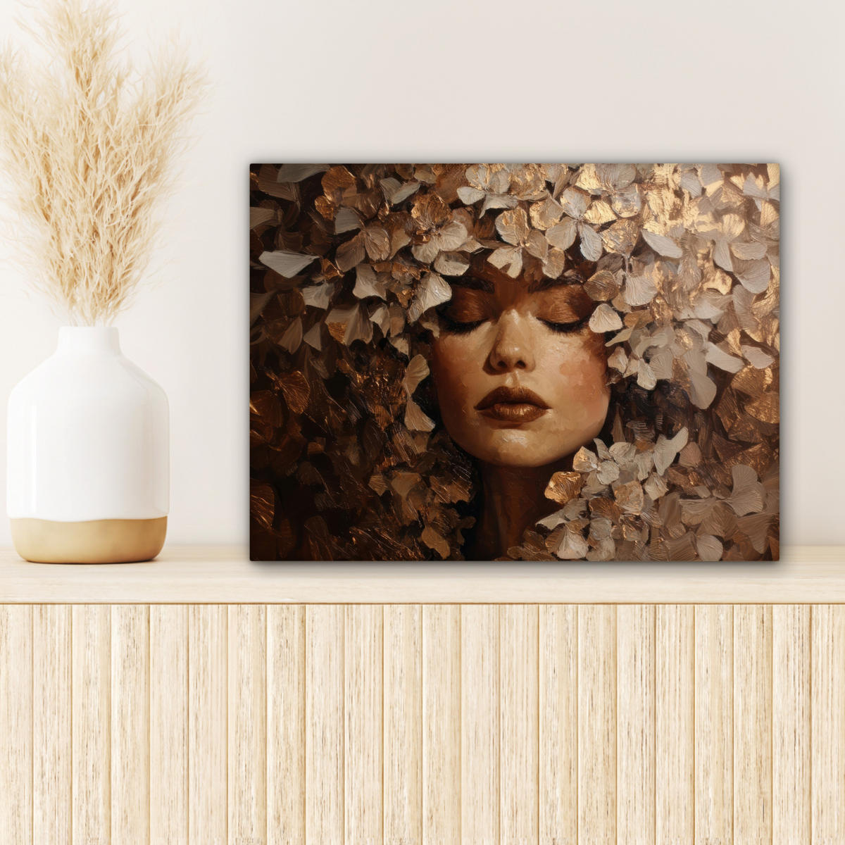 LEINWANDBILD Gesicht - Dame - Blätter - Pinselstriche Wandbild 40x30 cm - Goldfarben, Textil (40/30cm) - MuchoWow