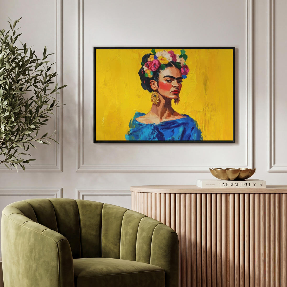LEINWAND Bilder mit Rahmen - Frida Kahlo - Frau - Gelb - Blau - Blumen - 60x40 - Gelb, Textil (60/40cm) - MuchoWow