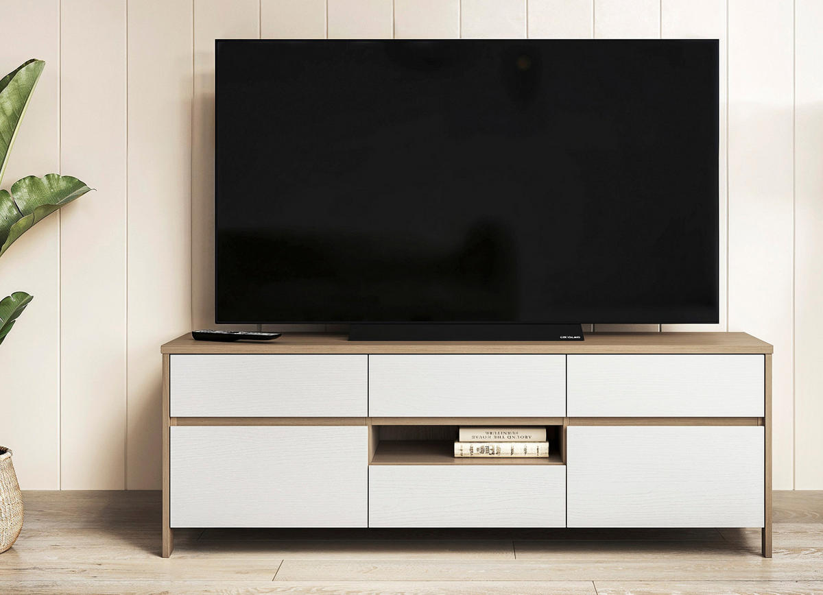 TV-LOWBOARD weiß, Eiche, TV Unterteil skandinavisch 164 cm, Soft-Close, Finnes - Eichefarben/Weiß, Holzwerkstoff/Metall (164/58/39cm) - Furn.Design