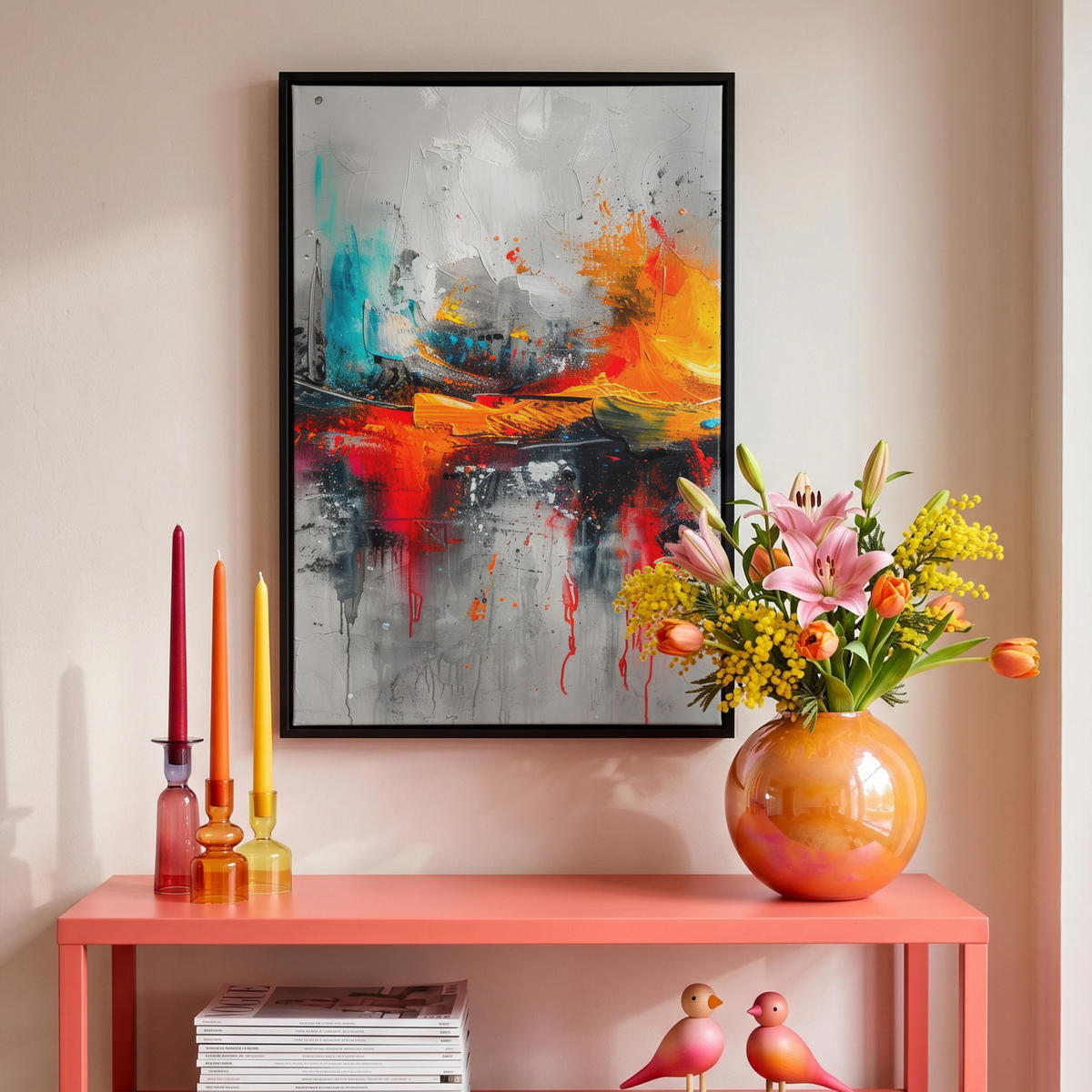 LEINWAND Bilder mit Rahmen - Moderne Kunst - Orange - Grau - Abstrakt - 40x60 - Hellgrau, Textil (40/60cm) - MuchoWow