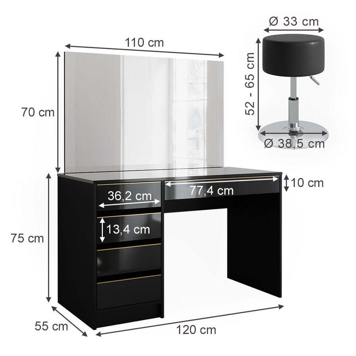 SCHMINKTISCH Sherry Schwarz/Gold 120 cm mit LED-Spiegel und Hocker - Goldfarben/Schwarz, Holzwerkstoff (120/75/55cm) - Vicco