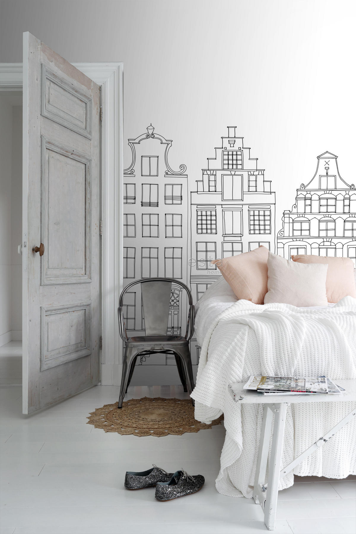 FOTOTAPETE gezeichnete Amsterdamer Grachtenhäuser 300 x 279 cm - Schwarz, Papier (300/279cm) - ESTAhome