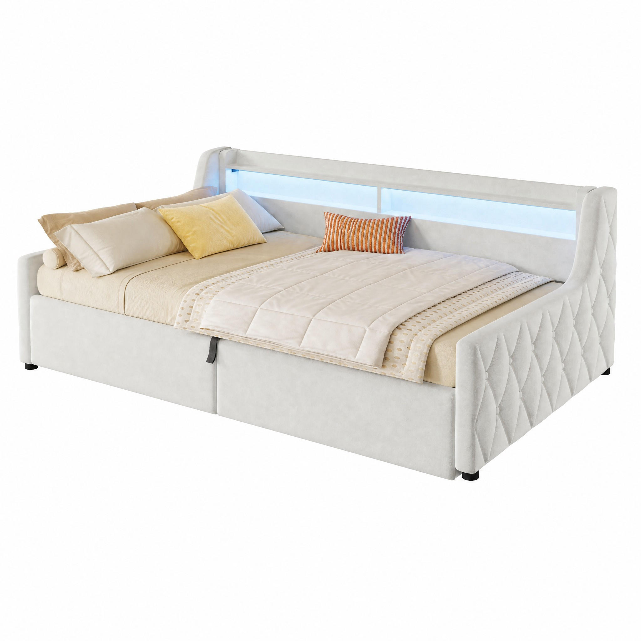 BETT mit Stauraum und LED 90x200 cm Off White - Weiß, Metall (90/200cm) - Meubliv