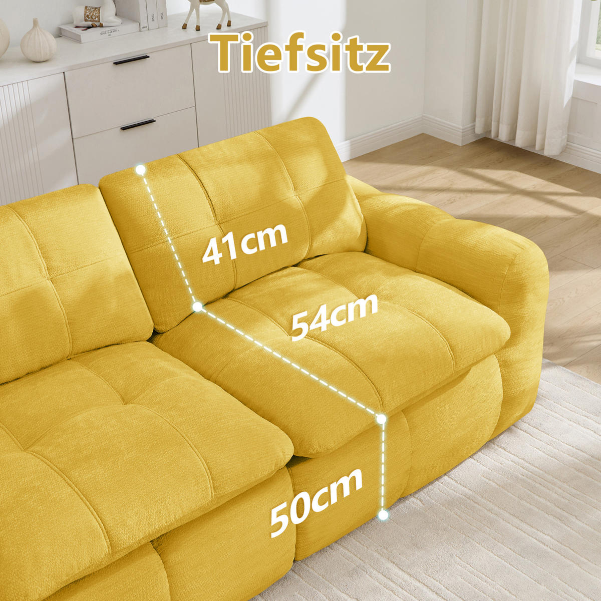 SOFA 334/97/68 cm in Gelb aus Chenille mit hoher Belastbarkeit - Gelb, Textil (97/68/334cm) - Flora Grace