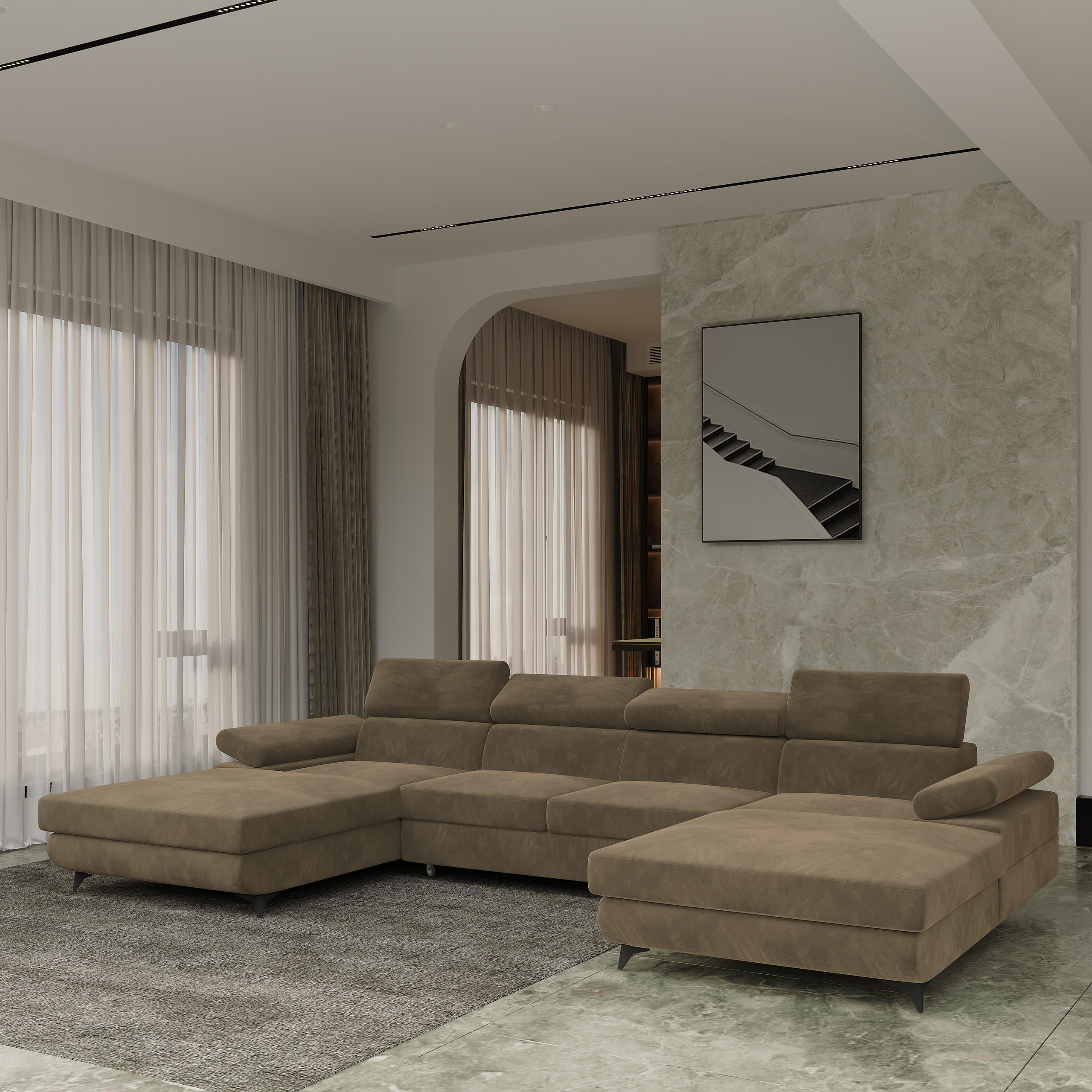 WOHNLANDSCHAFT DETTI Beige Velours-Stoff mit Schlaffunktion - Beige, Holz (339/89/190cm) - MASSENO