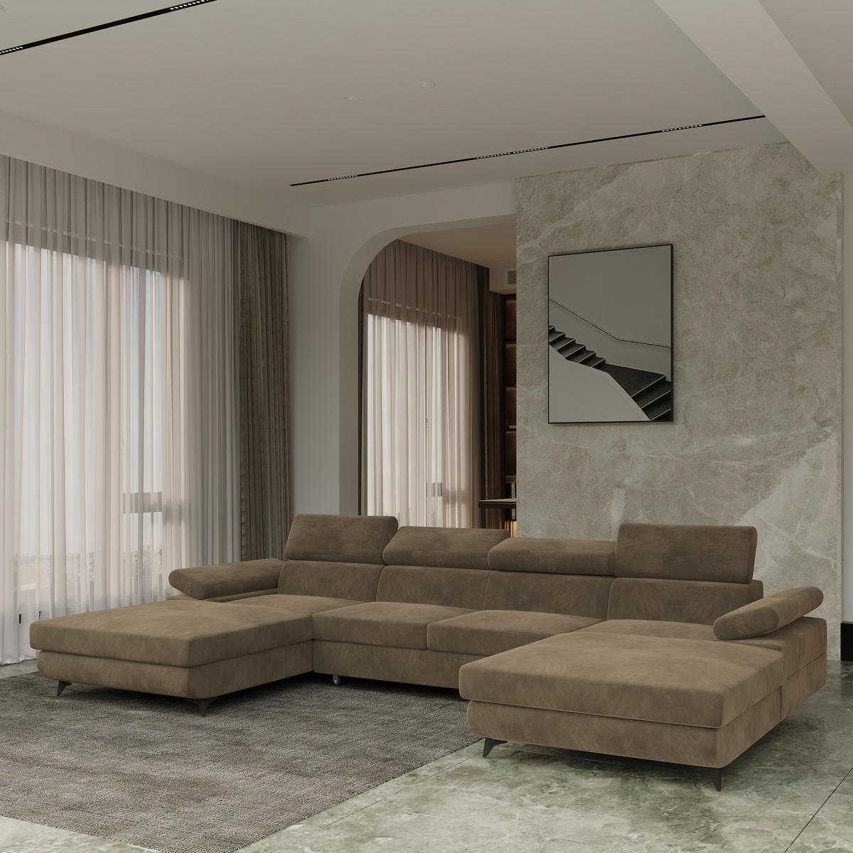 WOHNLANDSCHAFT DETTI Beige Velours-Stoff mit Schlaffunktion - Beige, Holz (339/89/190cm) - MASSENO