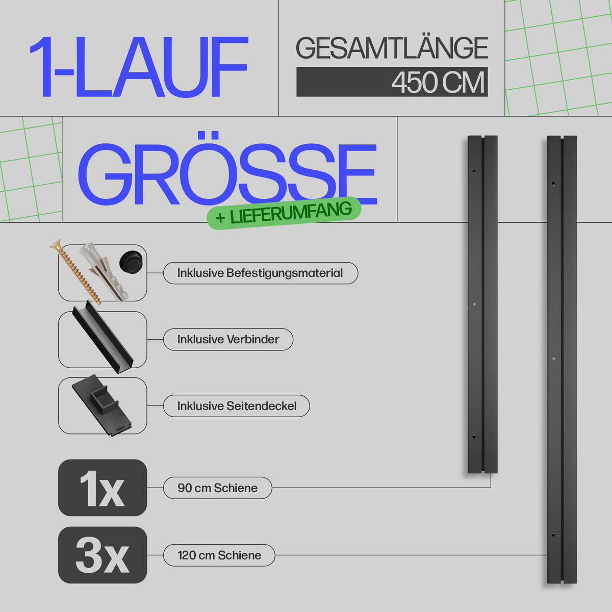 GARDINENSCHIENE 450cm (1x90/3x120cm) 1-läufig - Schwarz, Kunststoff (6/1.8/450cm)