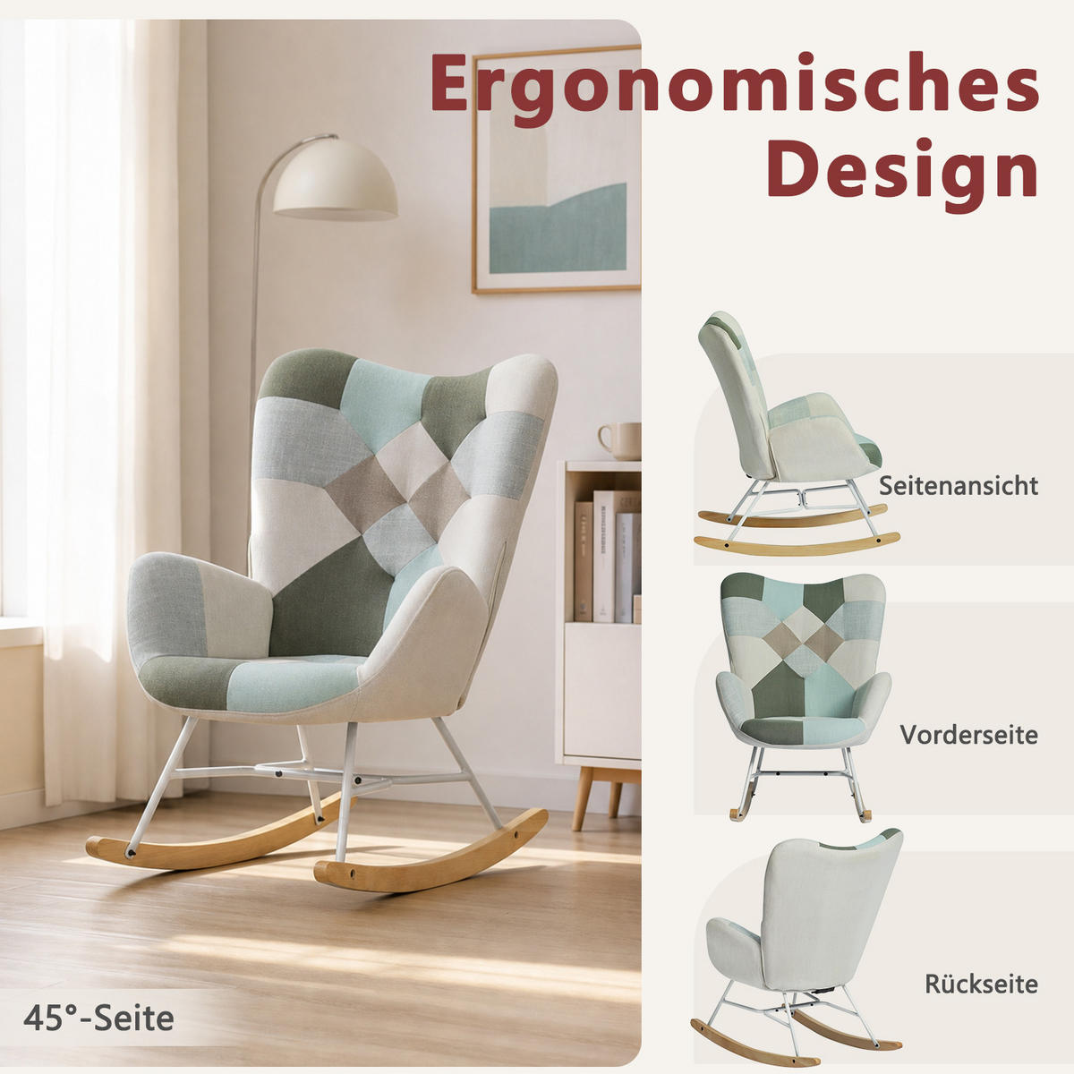 SCHAUKELSTUHL aus Patchwork-Stoff im skandinavischen Stil, zum Stillen, Entspannen und Ausruhen - Multicolor, Holz/Textil (68/98/85cm) - Meubles Cosy